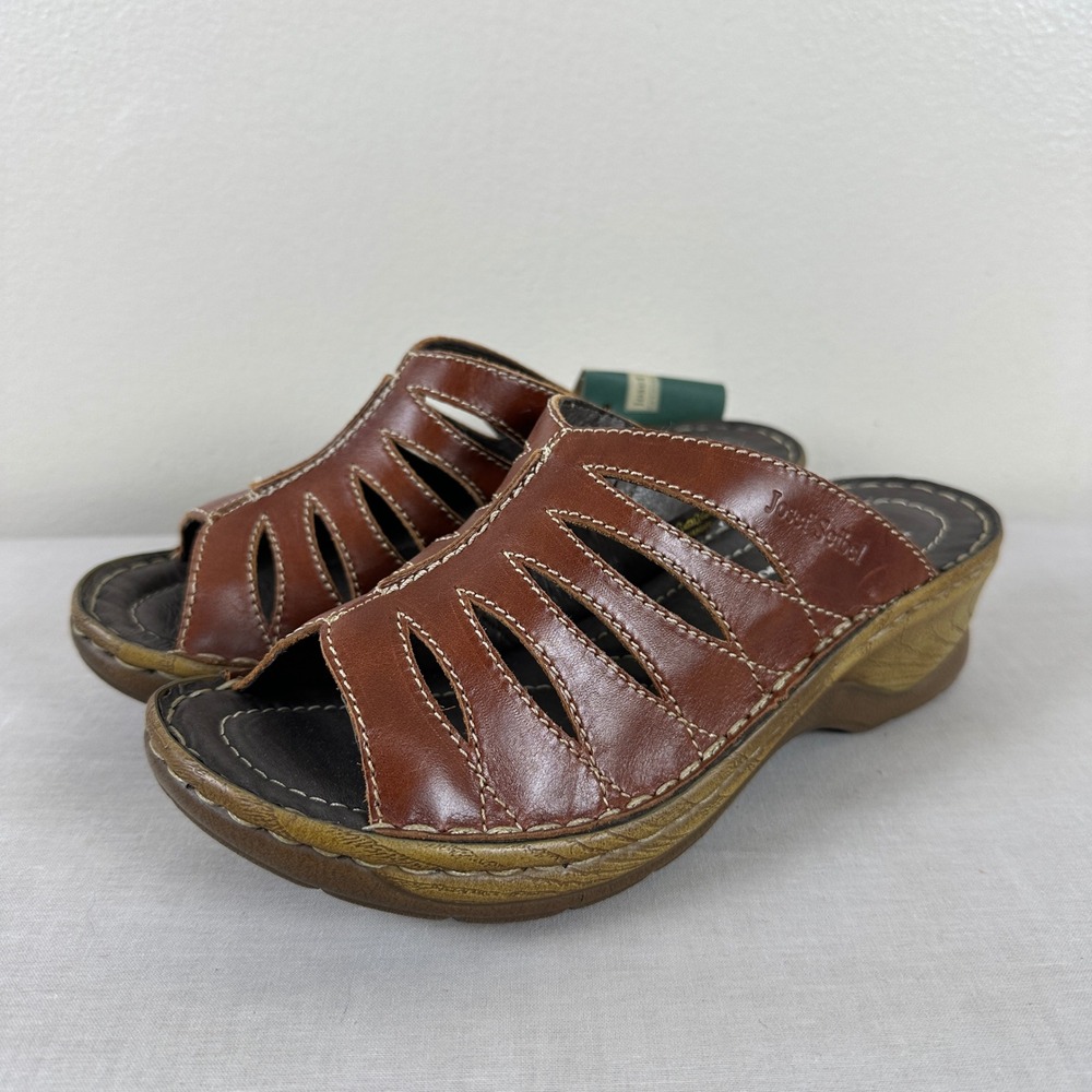 Josef Seibel Women's 36 Slide Sandals Brown Leather Cutout Wedge Comfort NEW